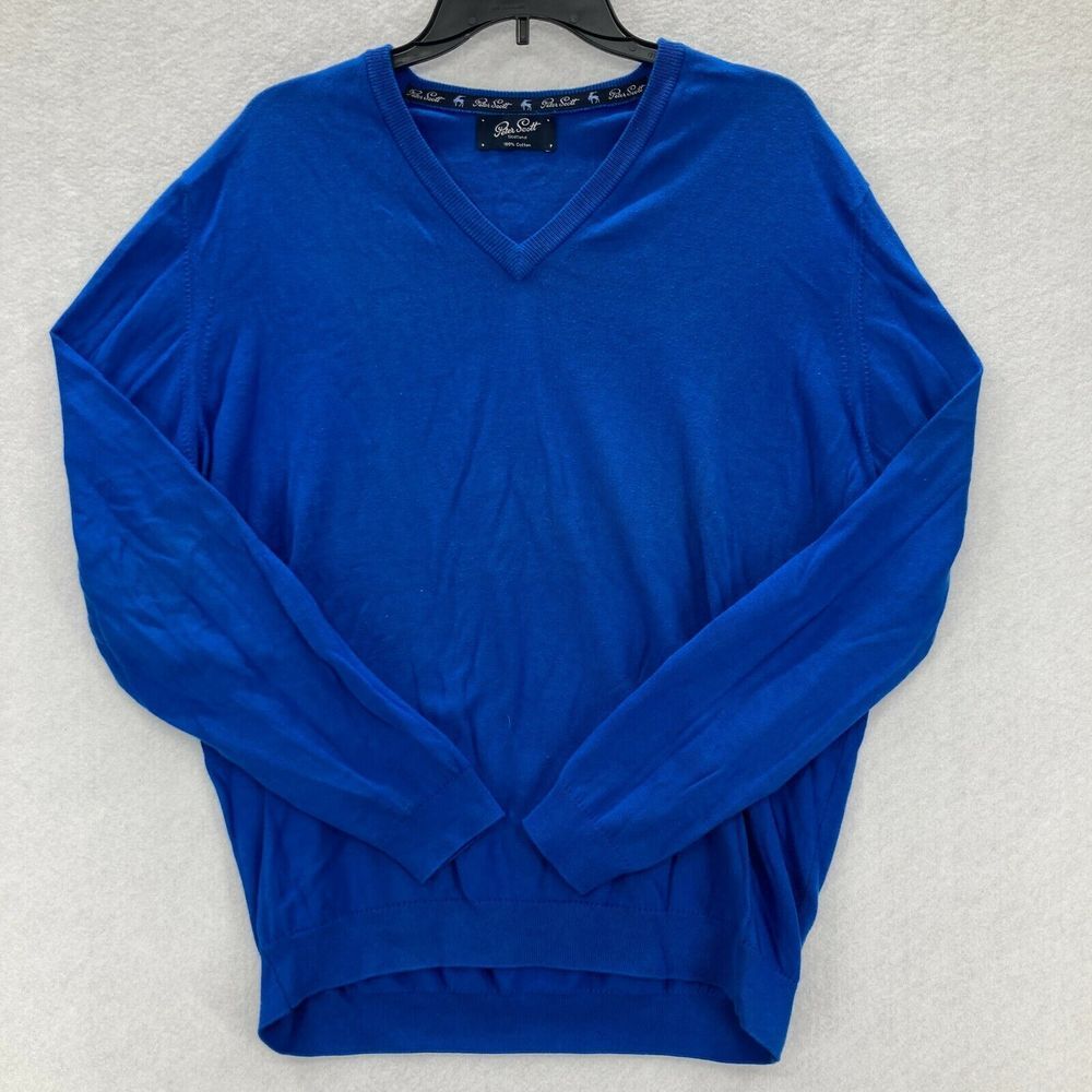 Peter Scott Scotland‎ Mens Size 46 Blue 100% Cotton V-Neck Sweater Long Sleeve
